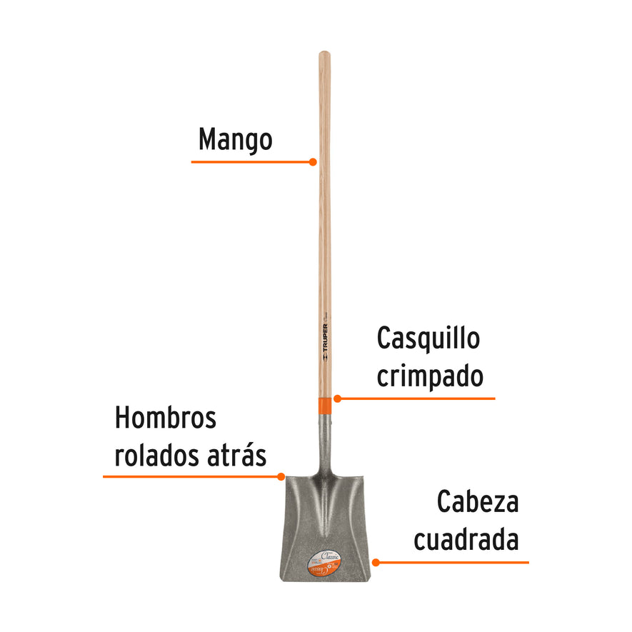 Pala cuadrada Classic, mango largo 48', Truper Caja con 3, 17170