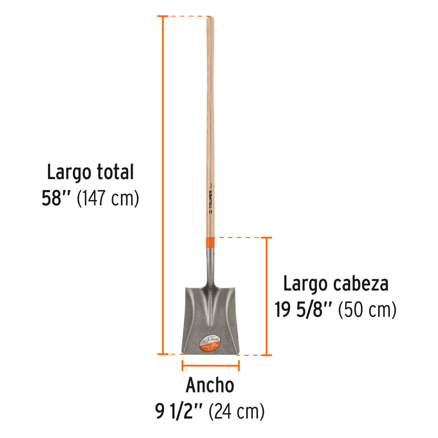Pala cuadrada Classic, mango largo 48', Truper Caja con 3, 17170
