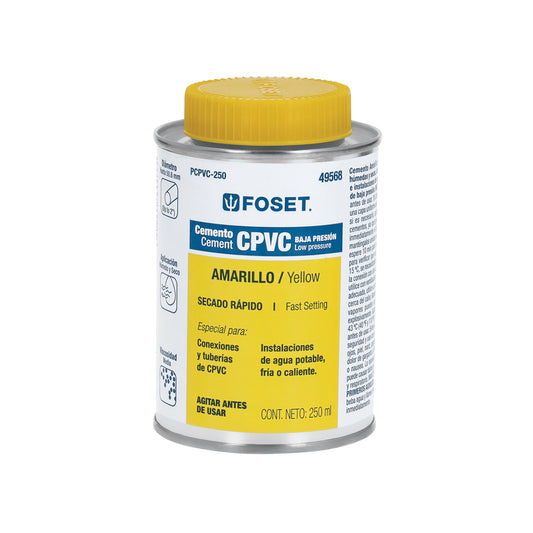 Cemento amarillo p/CPVC en bote de 250 ml,baja presión,Foset Caja con 4, 49568