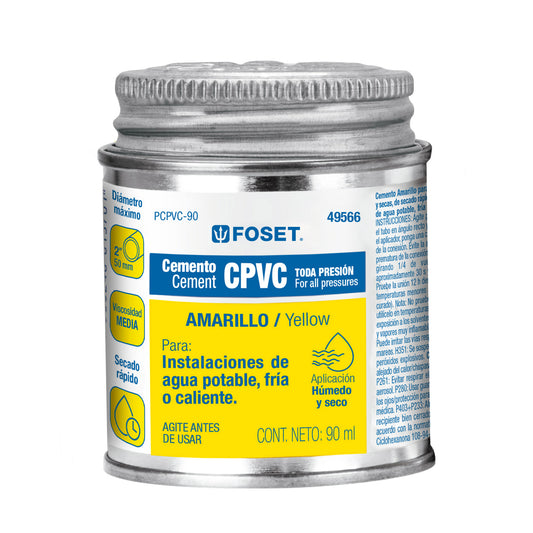 Cemento amarillo p/CPVC en bote de 90 ml, baja presión,Foset Caja con 8, 49566