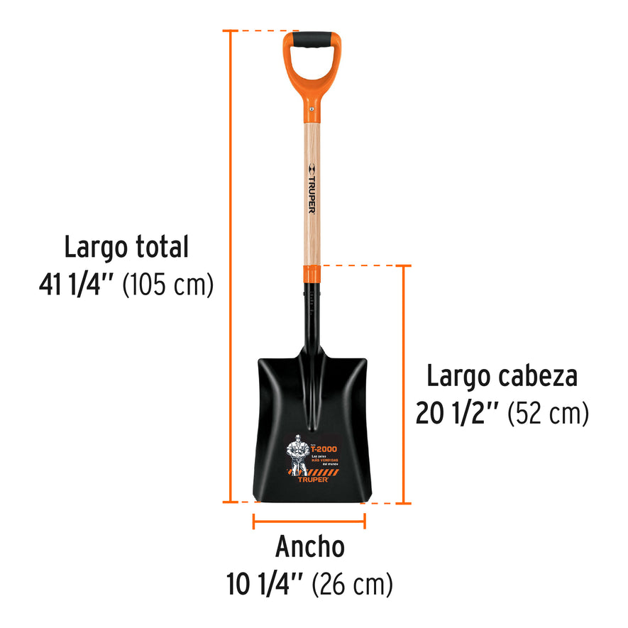 Pala cuadrada #4 T-2000 tipo español, puño 'Y', Truper Caja con 3, 17202