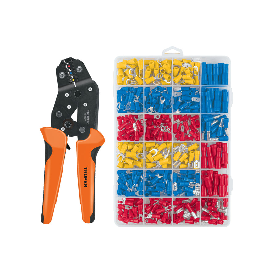 Kit de crimpadora y 500 terminales con aislamiento, Truper, 103328