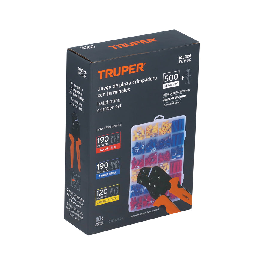 Kit de crimpadora y 500 terminales con aislamiento, Truper, 103328