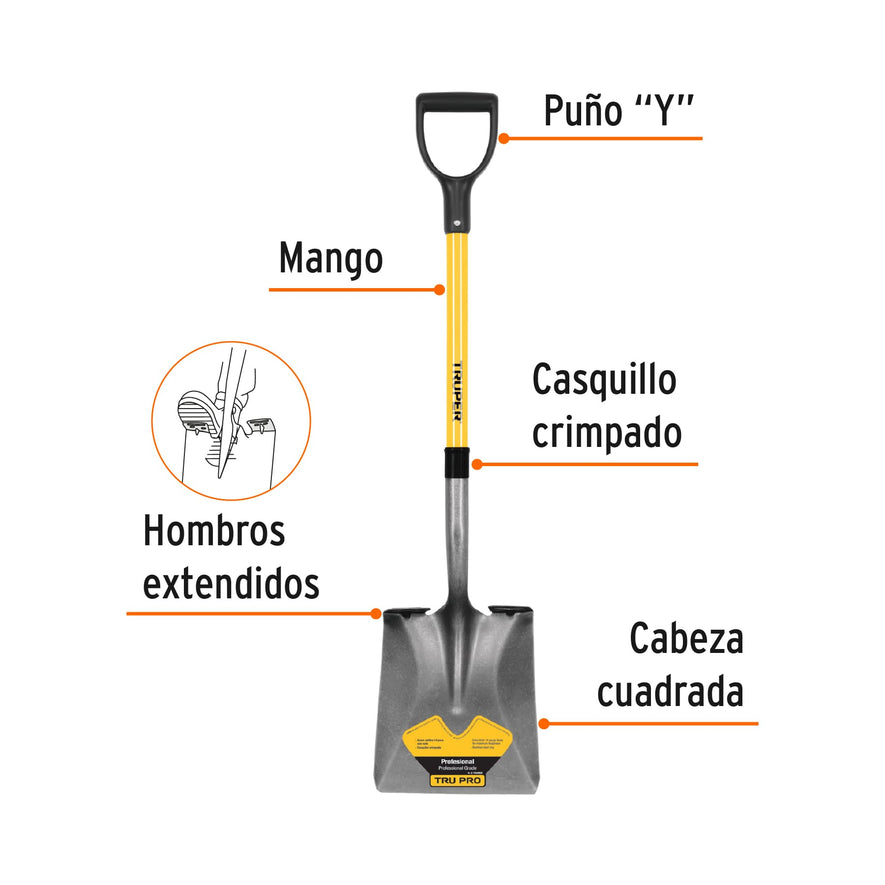 Truper, square point shovel, poly D fiberglass handle Caja con 3, 17151
