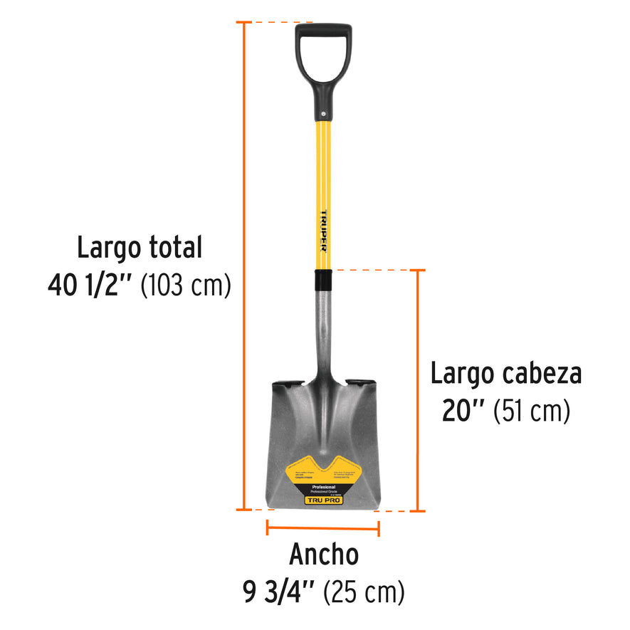 Truper, square point shovel, poly D fiberglass handle Caja con 3, 17151