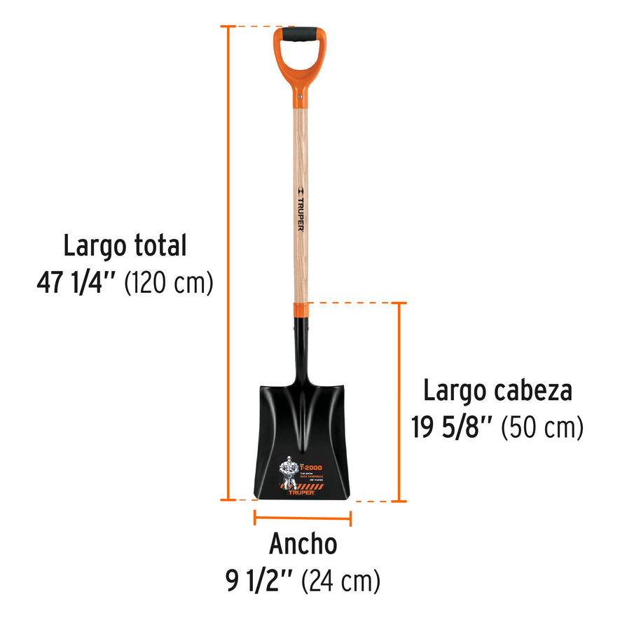 Pala cuadrada T-2000, puño offset 'Y', mango 36', Truper Caja con 3, 102563