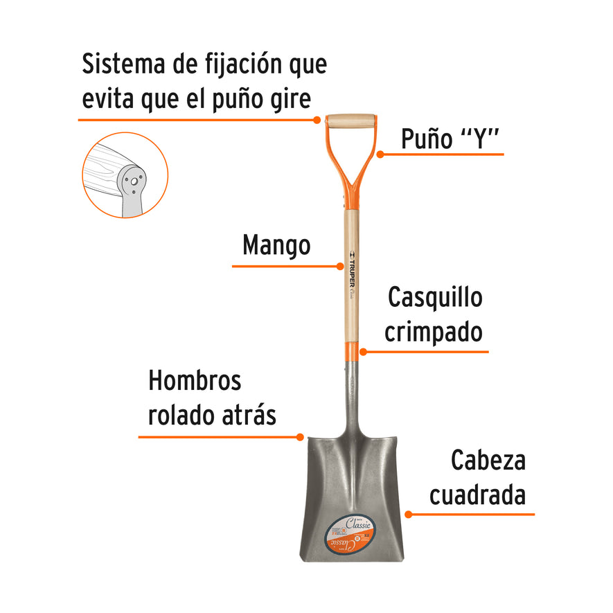 Pala cuadrada Classic, puño 'Y', Truper Caja con 3, 17155