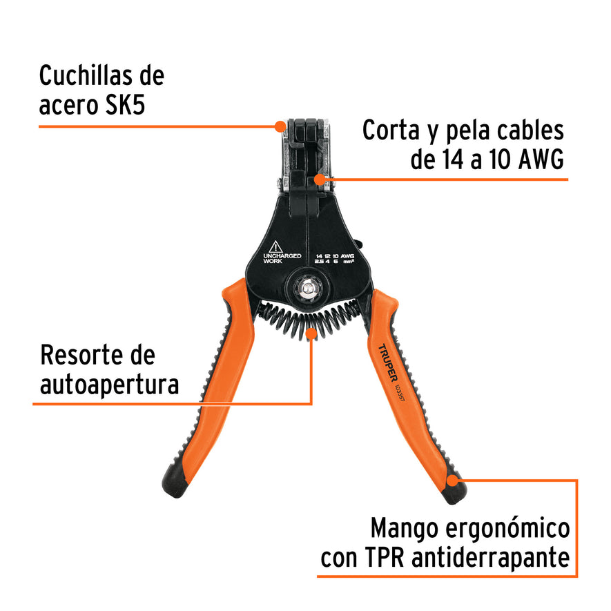 Pinza 6.5' pela cables automática, 14 a 10 AWG, TRUPER Caja con 3, 103357
