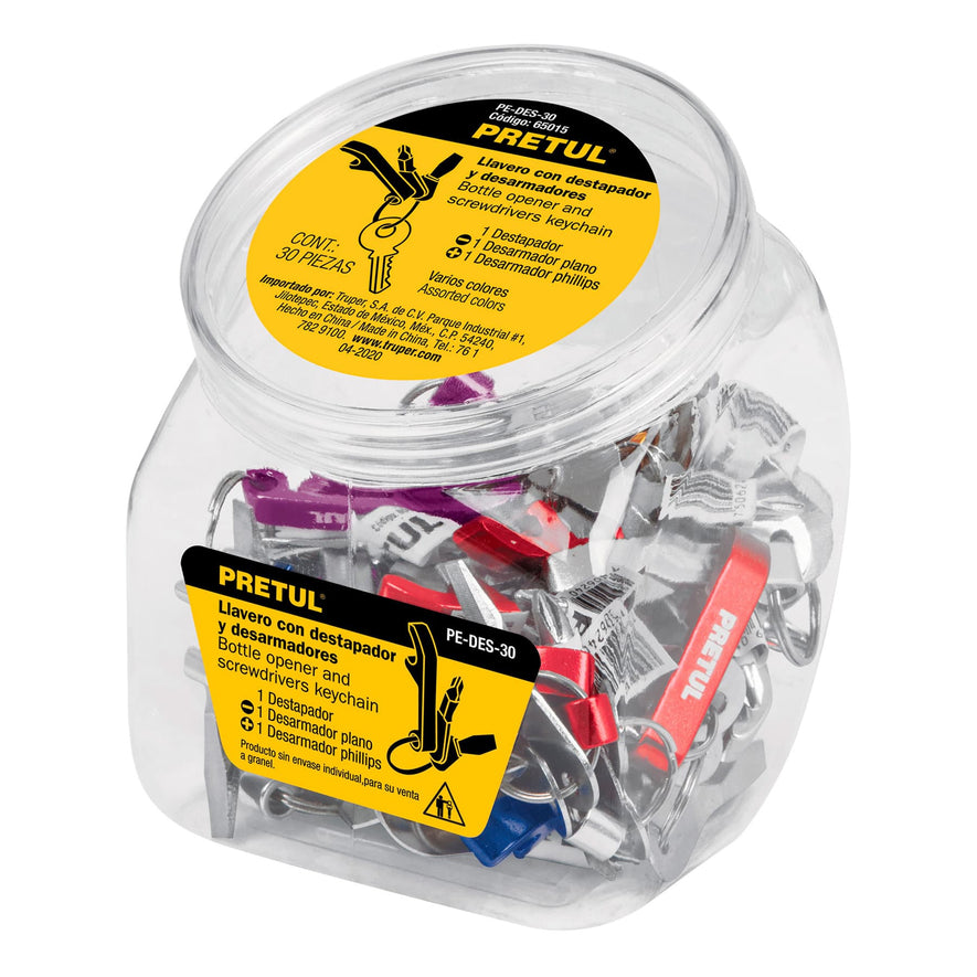 Pieza de llavero tipo desarmador y destapador, pecera 30 pz Caja con 30, 65015