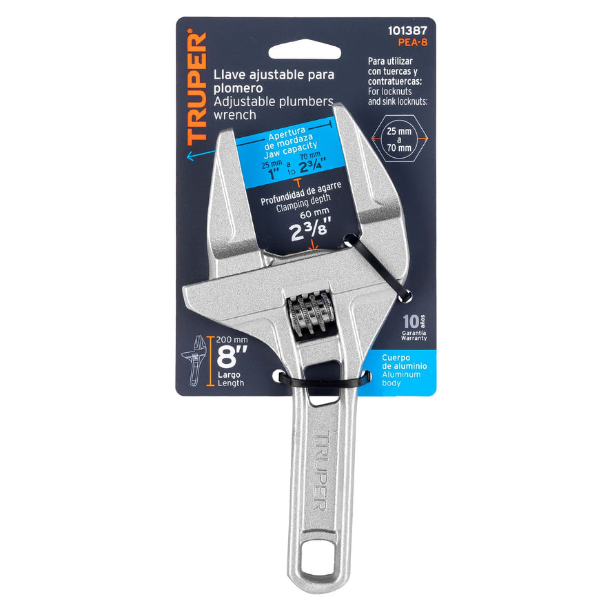 Llave ajustable 8' para plomero apertura 3', Truper Caja con 2, 101387