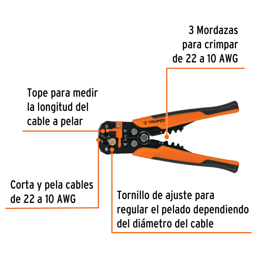 Pinza 8' pela cables automática, 22 a 10 AWG, TRUPER Caja con 3, 17360