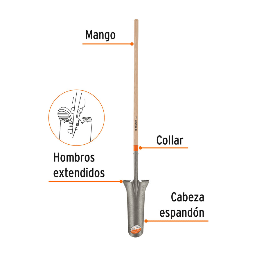 Pala espadón Classic, mango largo 49', Truper Caja con 3, 19708