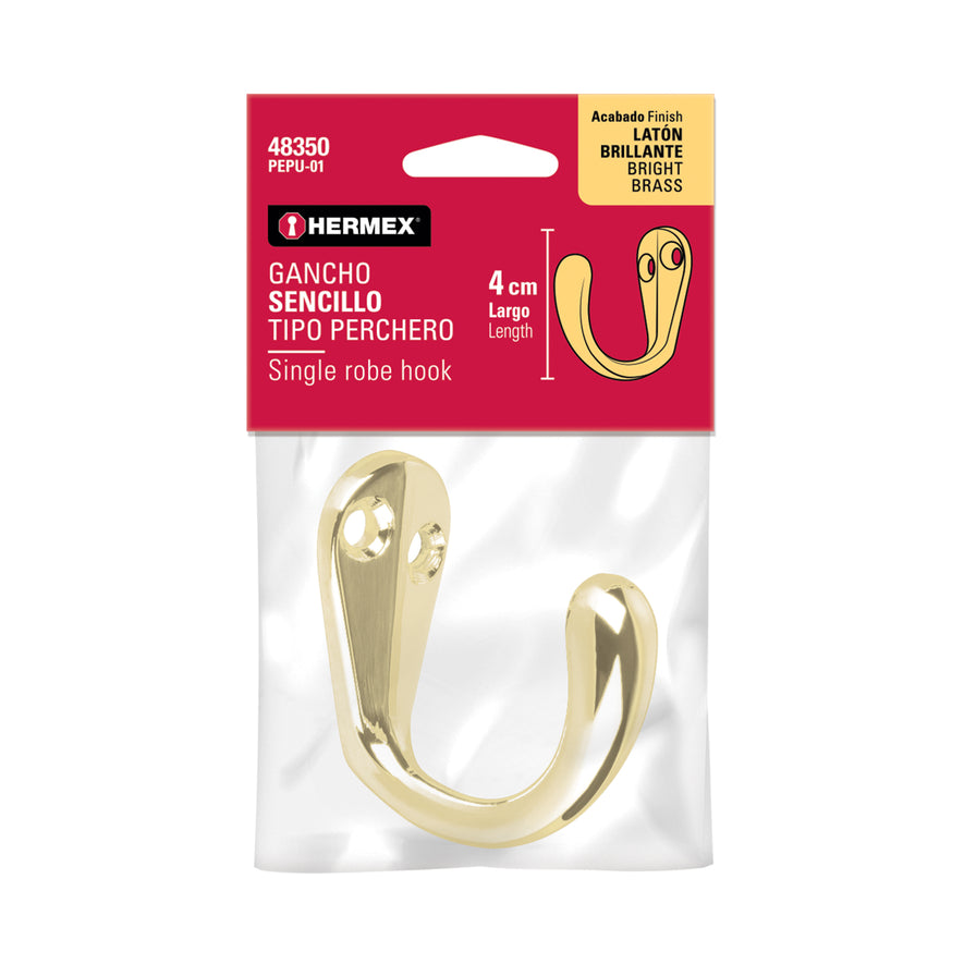Gancho sencillo tipo perchero, latón brillante, Hermex Caja con 12, 48350
