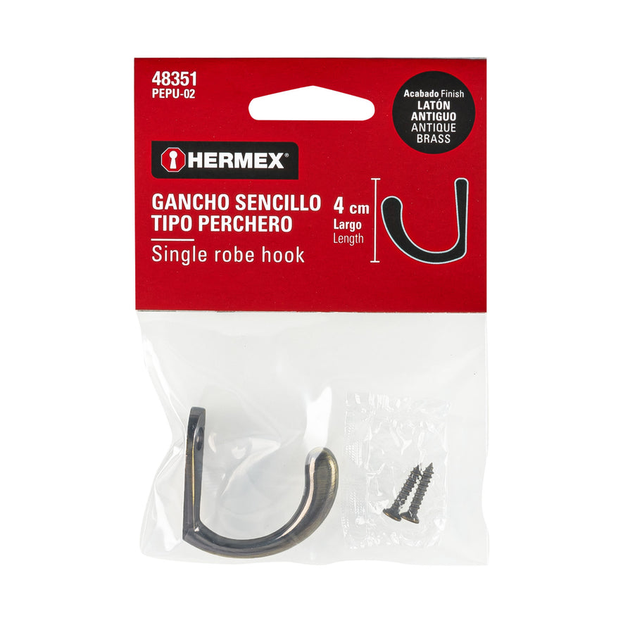 Gancho sencillo tipo perchero, latón antiguo, Hermex Caja con 12, 48351