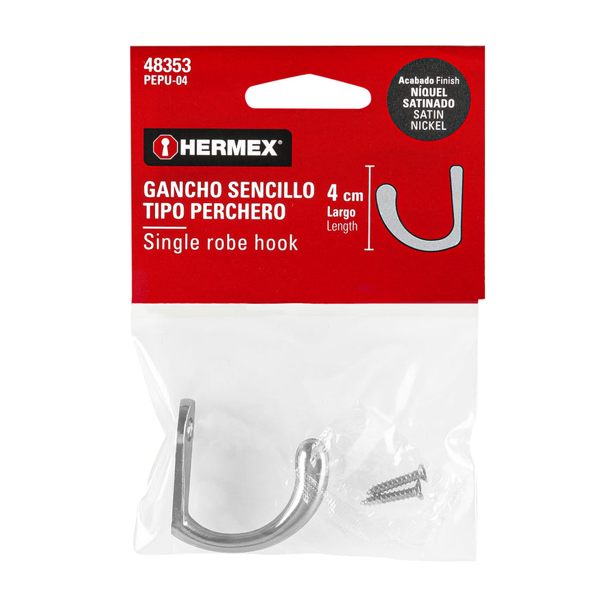 Gancho sencillo tipo perchero, níquel satinado, Hermex Caja con 12, 48353