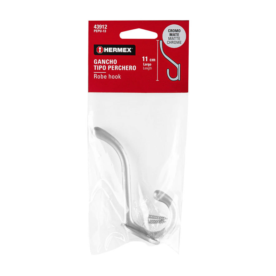 Gancho doble largo y corto tipo perchero, cromo mate, Hermex Caja con 12, 43912