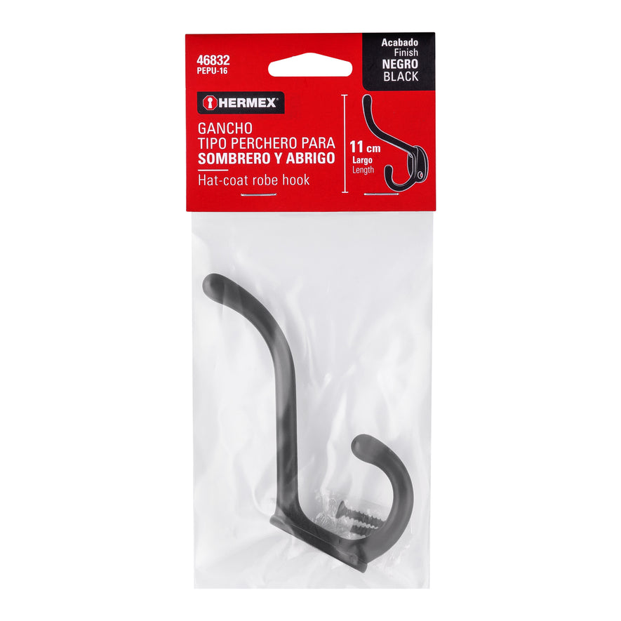 Gancho doble largo y corto tipo perchero, negro, Hermex Caja con 12, 46832