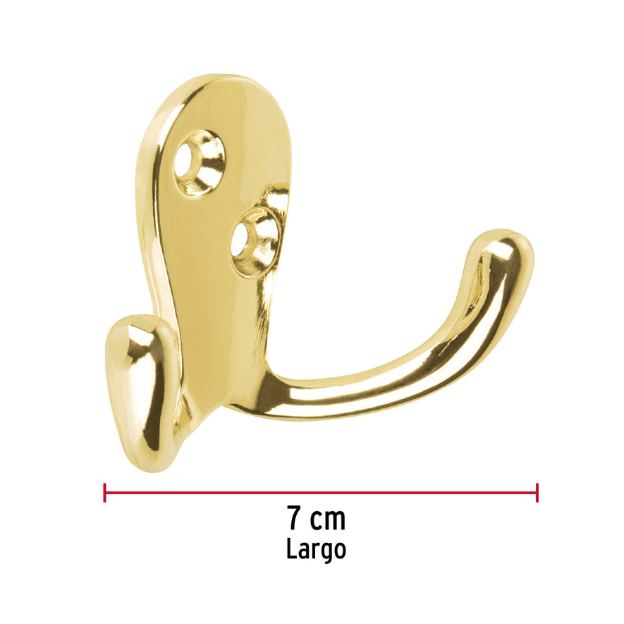 Gancho doble tipo perchero, latón brillante, Hermex Caja con 12, 48356