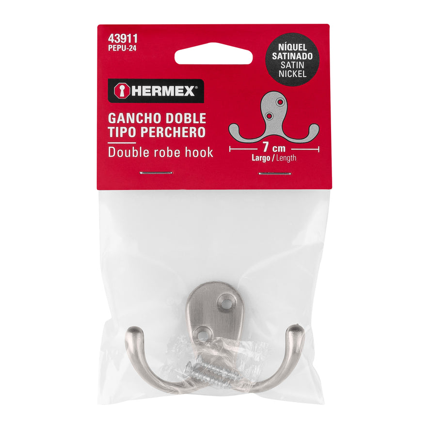Gancho doble tipo perchero, niquel satinado, Hermex Caja con 12, 43911