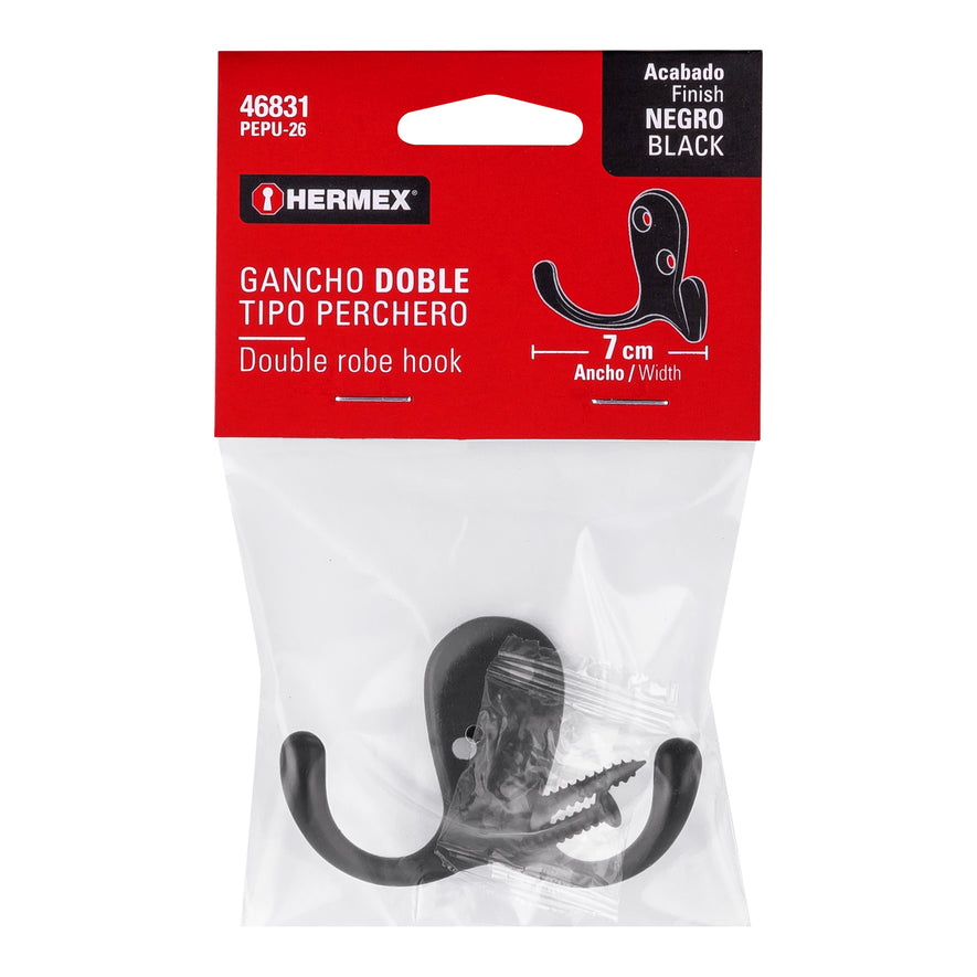 Gancho doble tipo perchero, negro, Hermex Caja con 12, 46831
