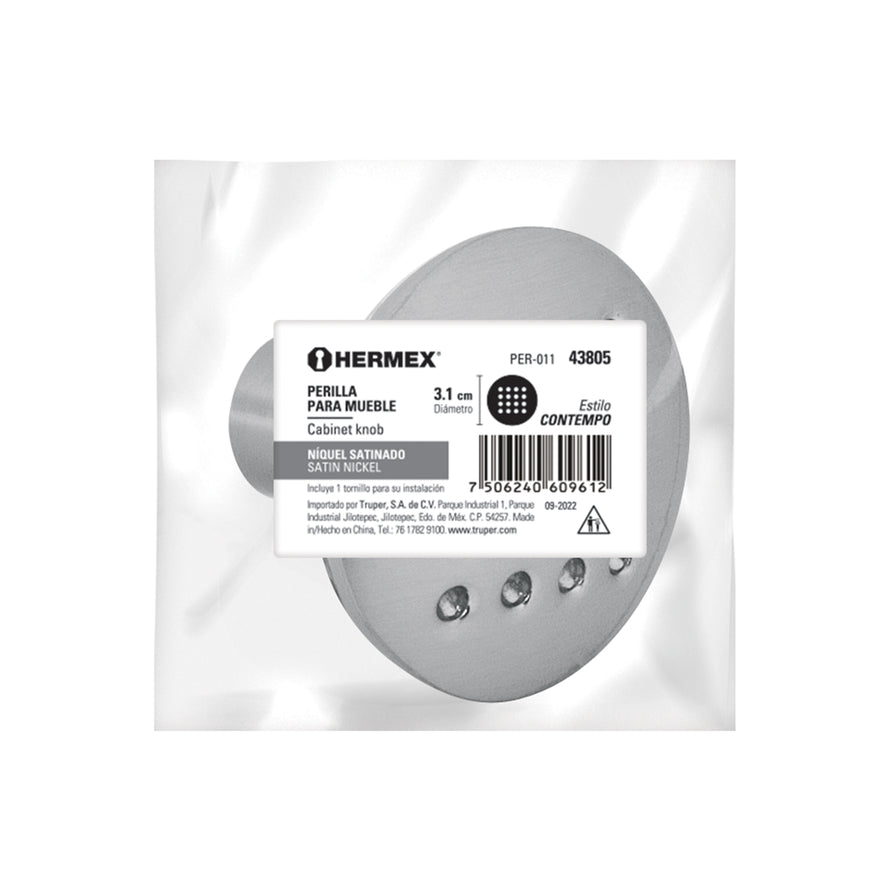 Perilla metálica estilo 'Contempo', níquel satinado, Hermex Caja con 12, 43805
