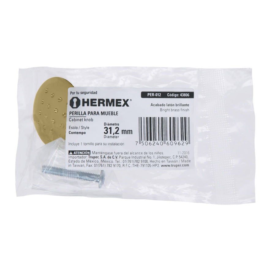 Perilla metálica estilo 'Contempo', latón brillante, Hermex Caja con 12, 43806