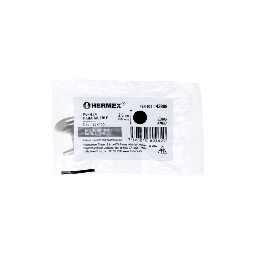 Perilla metálica estilo 'Arco', níquel satinado, Hermex Caja con 12, 43809