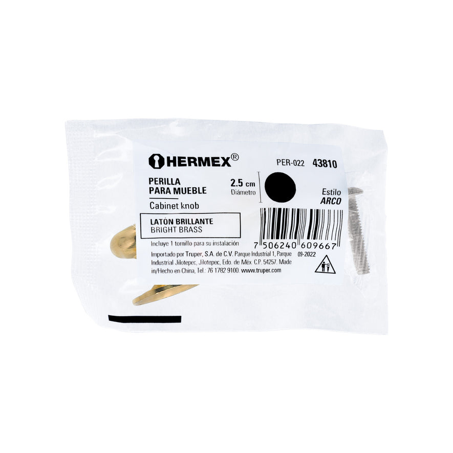 Perilla metálica estilo 'Arco', latón brillante, Hermex Caja con 12, 43810