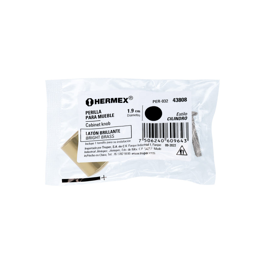 Perilla metálica estilo 'Cilindro', latón brillante, Hermex Caja con 12, 43808