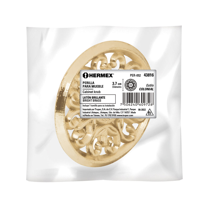 Perilla metálica estilo 'Colonial', acabado latón brillante Caja con 12, 43816