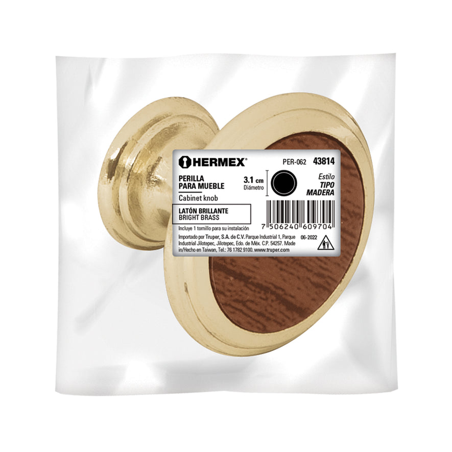 Perilla metálica acabado latón brillante, inserto cerámico Caja con 12, 43814