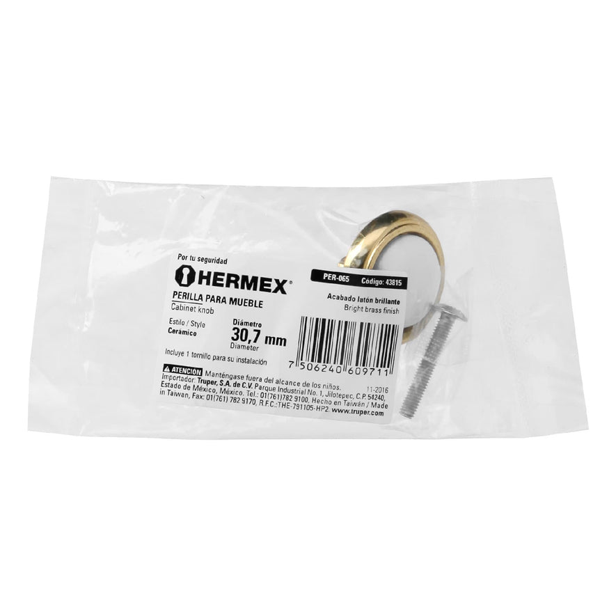 Perilla metálica acabado latón brillante, inserto cerámico Caja con 12, 43815