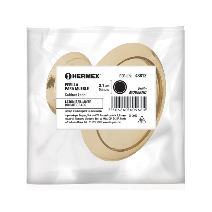 Perilla metálica estilo 'Moderno', latón brillante, Hermex Caja con 12, 43812
