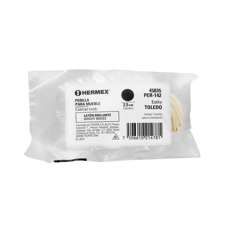 Perilla metálica estilo 'Toledo', latón brillante, HERMEX Caja con 12, 45835