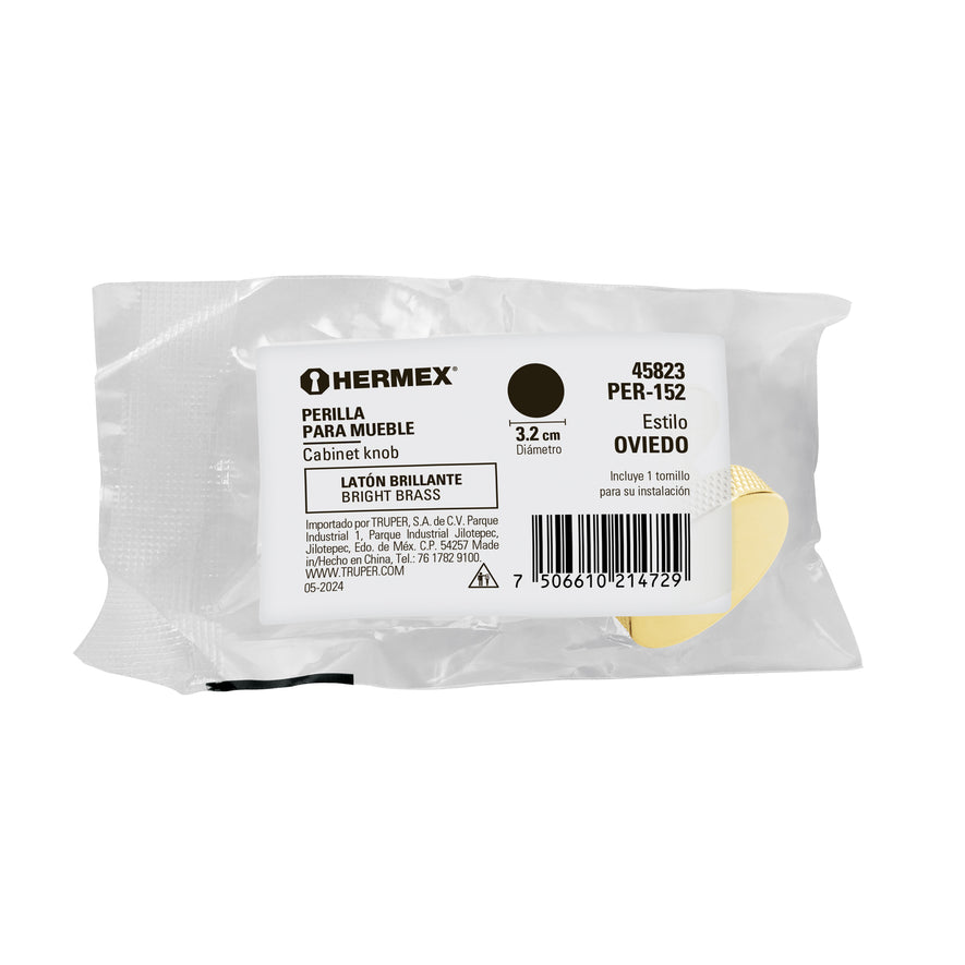 Perilla metálica estilo 'Oviedo', latón brillante, HERMEX Caja con 12, 45823