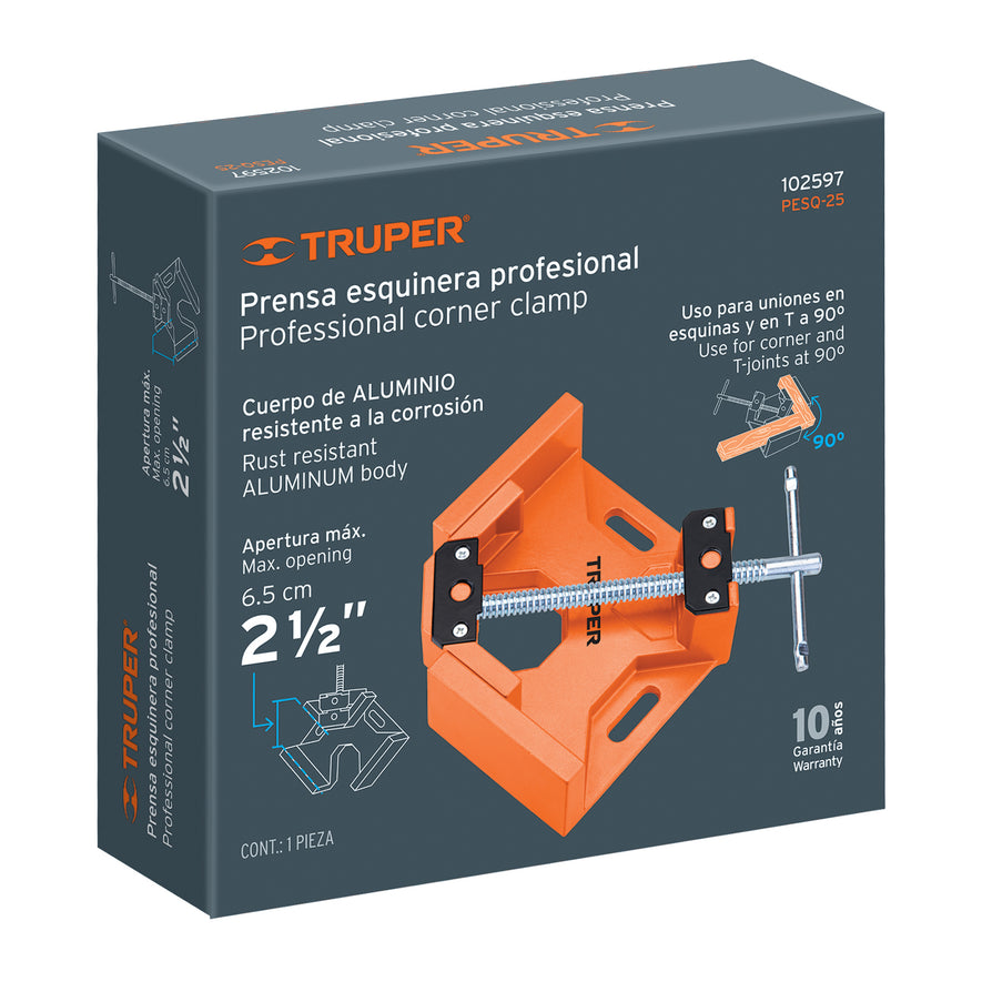 Prensa esquinera profesional, 2-1/2' de aluminio, Truper Caja con 2, 102597