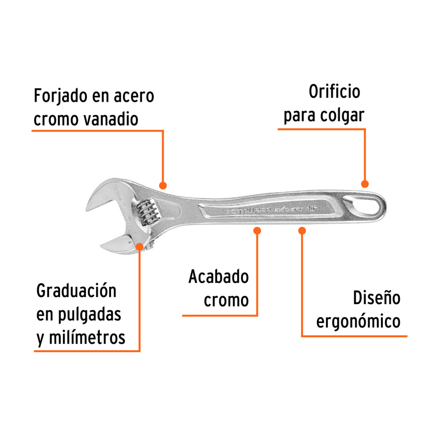 Llave ajustable (perico) 10' profesional cromada, Expert Caja con 6, 15507