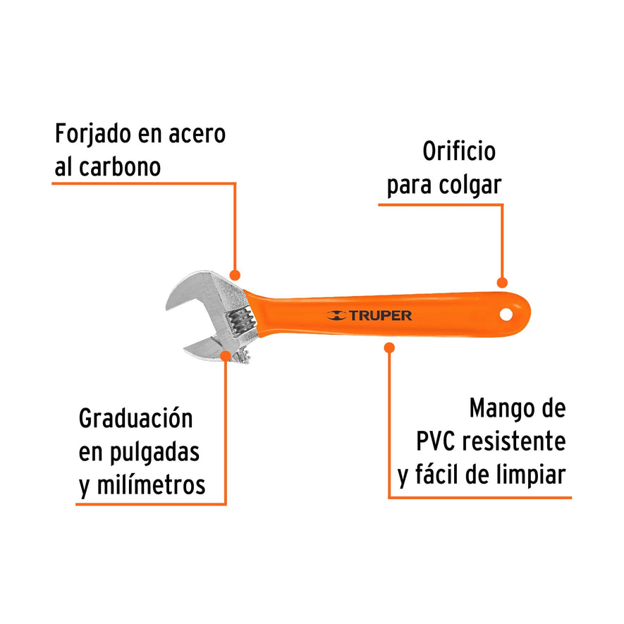Llave ajustable (perico) 10' cromada mango de PVC, Truper Caja con 6, 15511