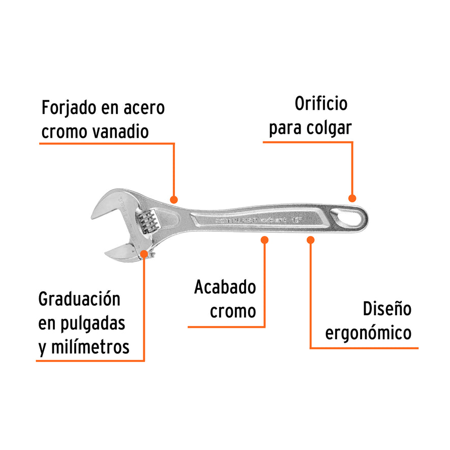 Llave ajustable (perico) 12' profesional cromada, Expert Caja con 6, 15508