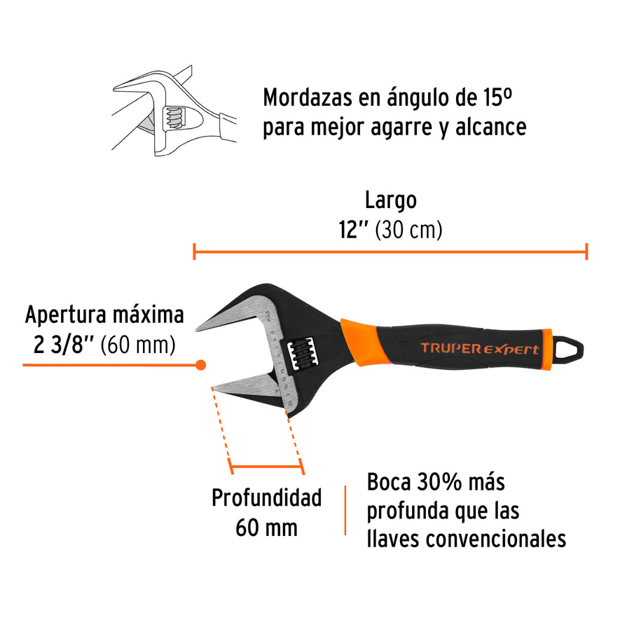 Llave ajustable (perico) 12' boca ancha Comfort Grip, Expert Caja con 6, 101036