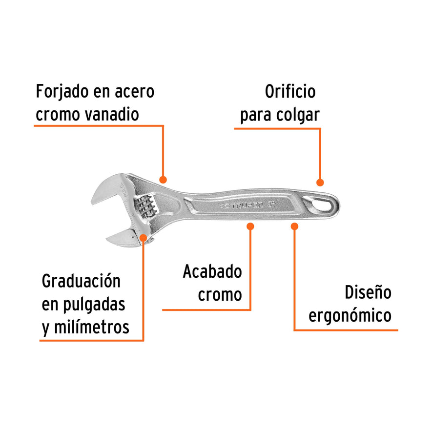Llave ajustable (perico) 8' profesional cromada, Expert Caja con 6, 15506