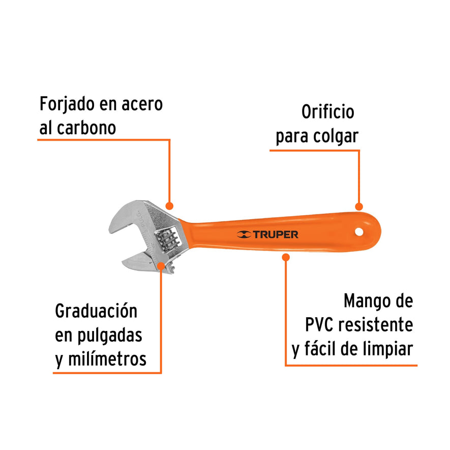 Llave ajustable (perico) 8' cromada mango de PVC, Truper Caja con 6, 15510