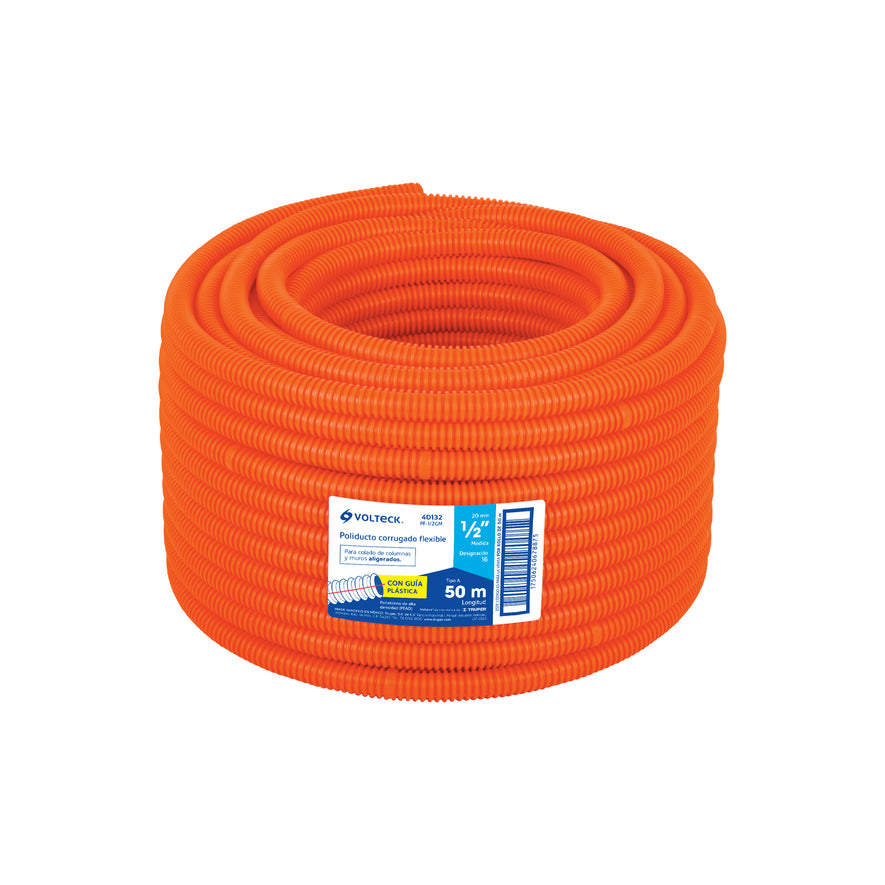Metro de poliducto 1/2' corrugado flex. c/guía, rollo 50 m Caja con 50, 40132