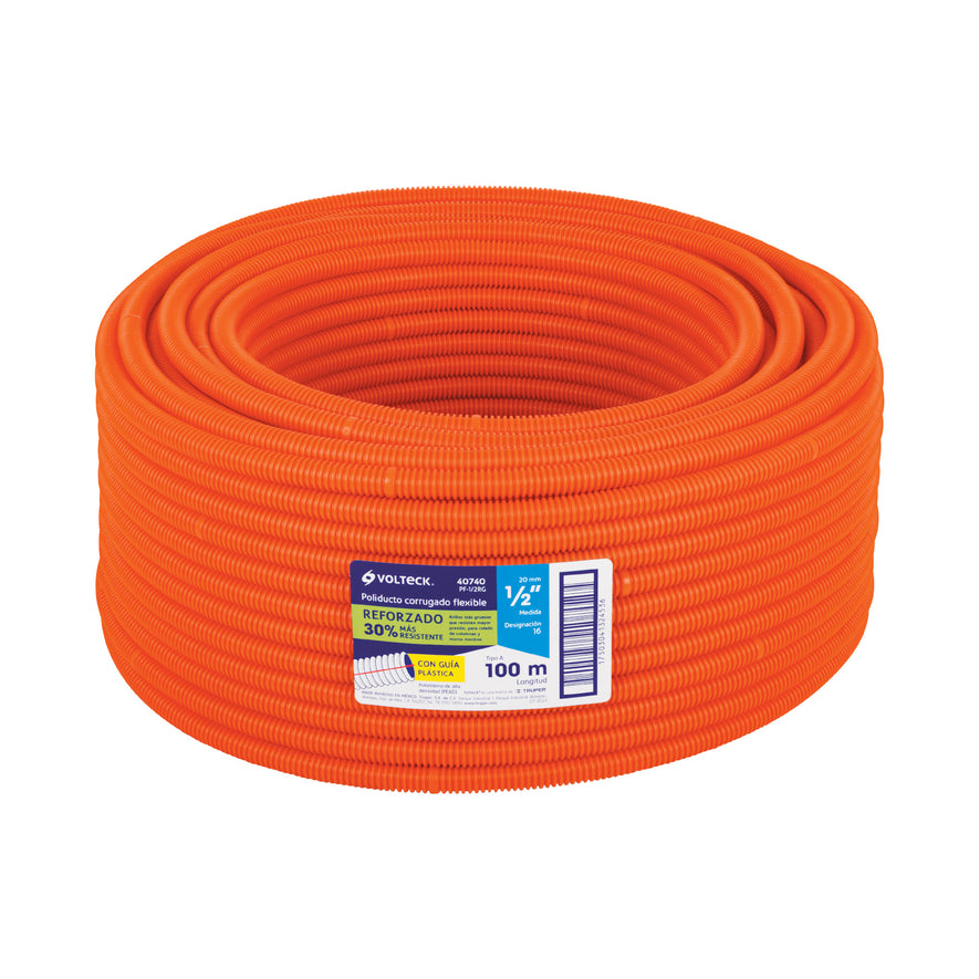 Metro de poliducto 1/2' corrugado flex. reforz. c/guía, 100m Caja con 100, 40740
