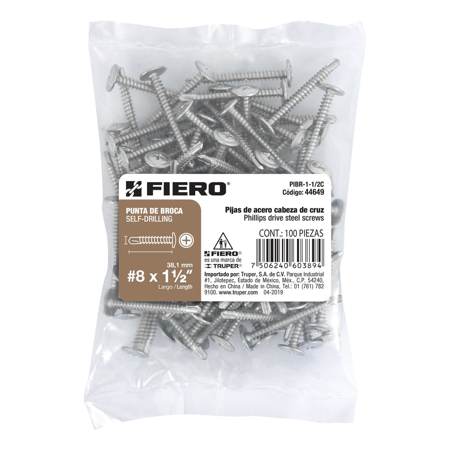 Bolsa con 100 pijas cabeza cruz, punta de broca 1-1/2' Caja con 6, 44649