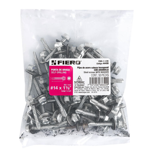 Bolsa con 50 pijas 1-1/2' hexagonal, punta broca con rondana Caja con 6, 44408