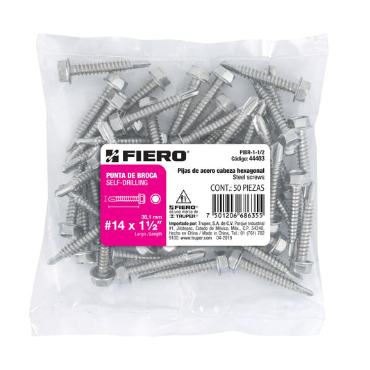 Bolsa con 50 pijas 1-1/2' cabeza hexagonal, punta de broca Caja con 6, 44403