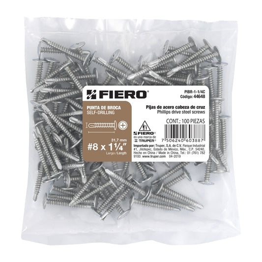 Bolsa con 100 pijas cabeza cruz, punta de broca 1-1/4' Caja con 6, 44648