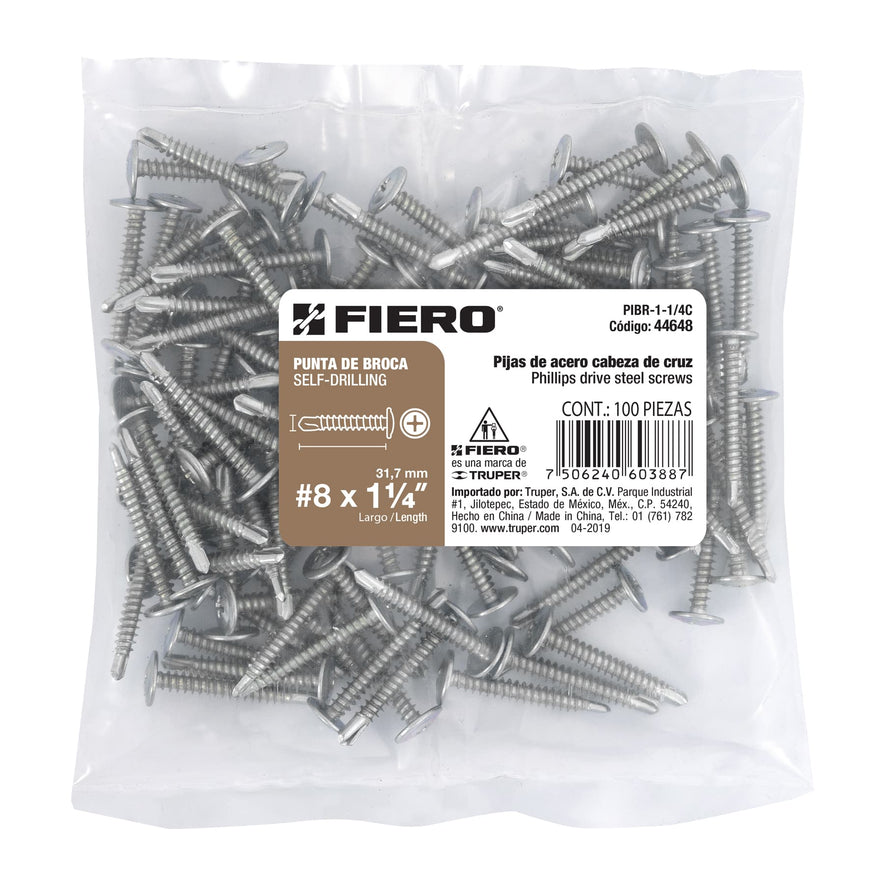 Bolsa con 100 pijas cabeza cruz, punta de broca 1-1/4' Caja con 6, 44648