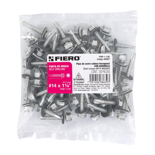 Bolsa con 50 pijas 1-1/4' hexagonal, punta broca con rondana Caja con 6, 44407